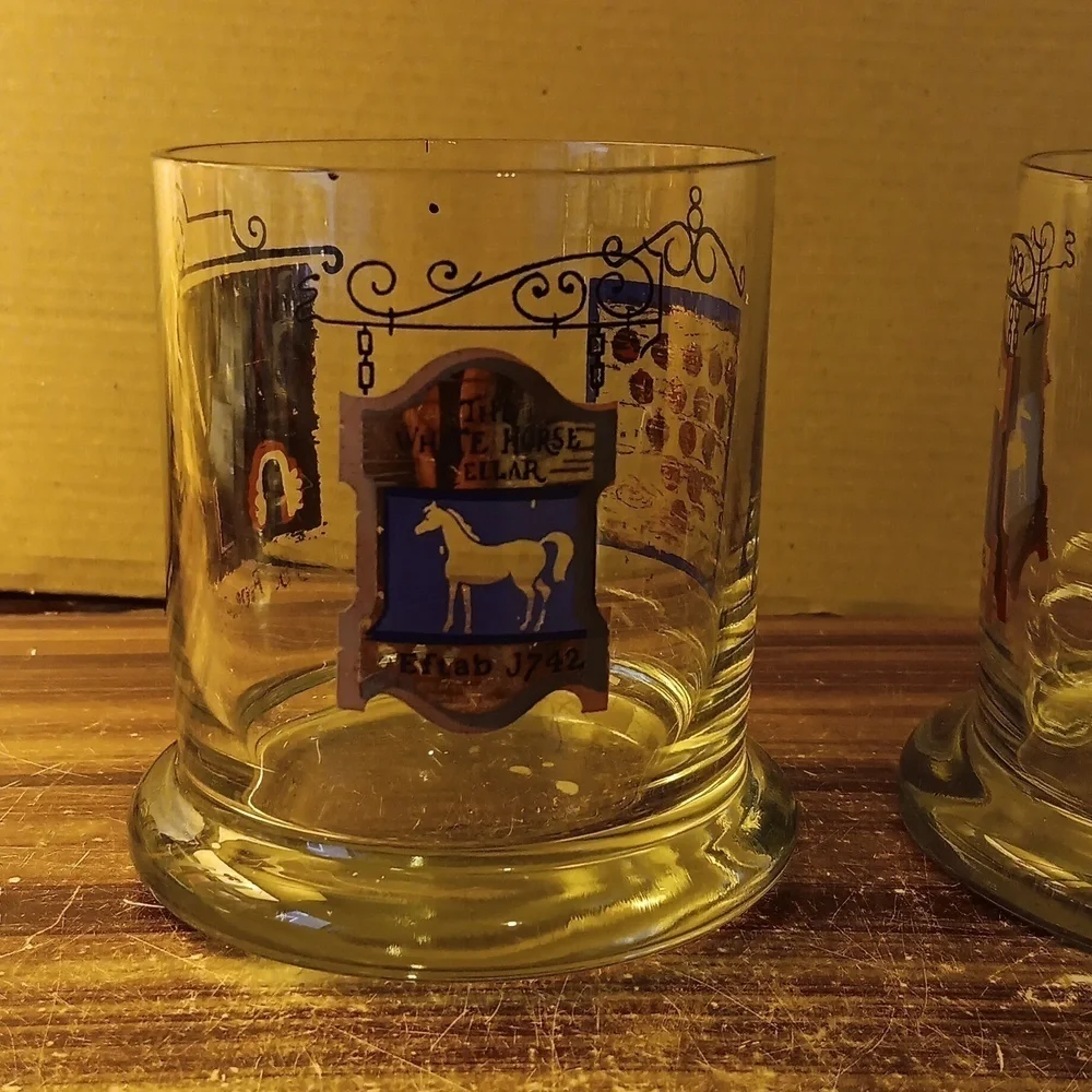 2 The White Horse Cellar scotch whiskey lowball glasses